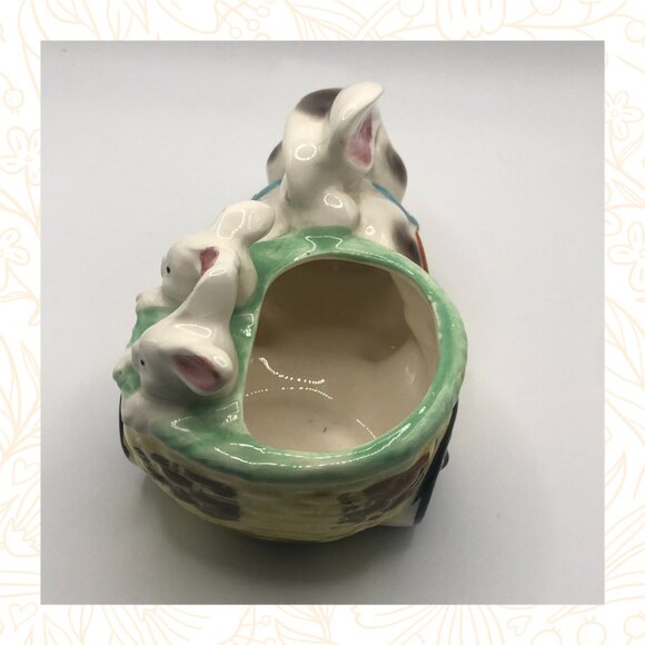 Ceramic Easter Bunny Rabbit Planter with Baby Bunnies in Cart - ESD Hand Painted - Picture 5 of 7